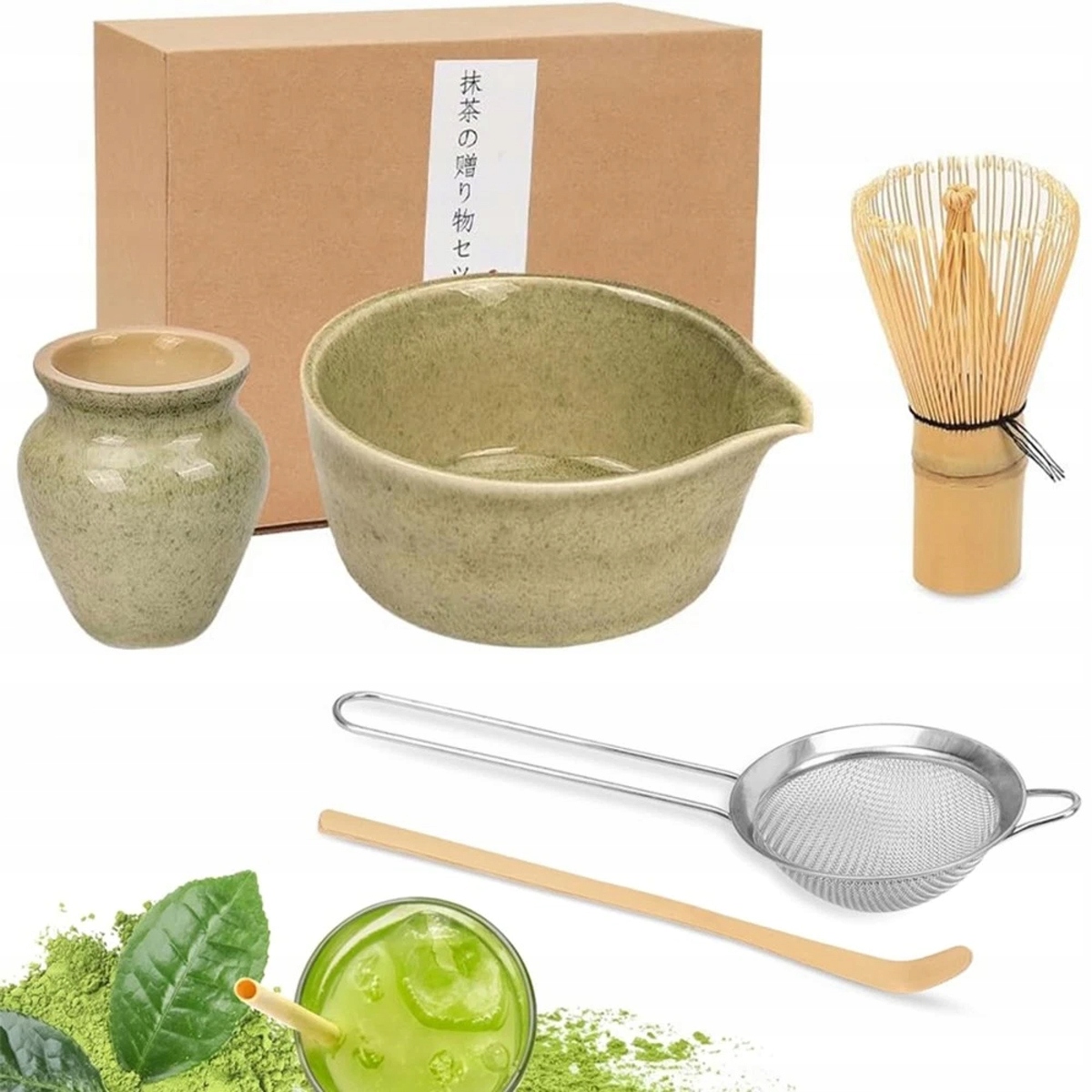 Levně 5DÍLNÁ Bambusová Sada Na Výrobu Matchy, Šlehací Metla, Lžíce, Chasen