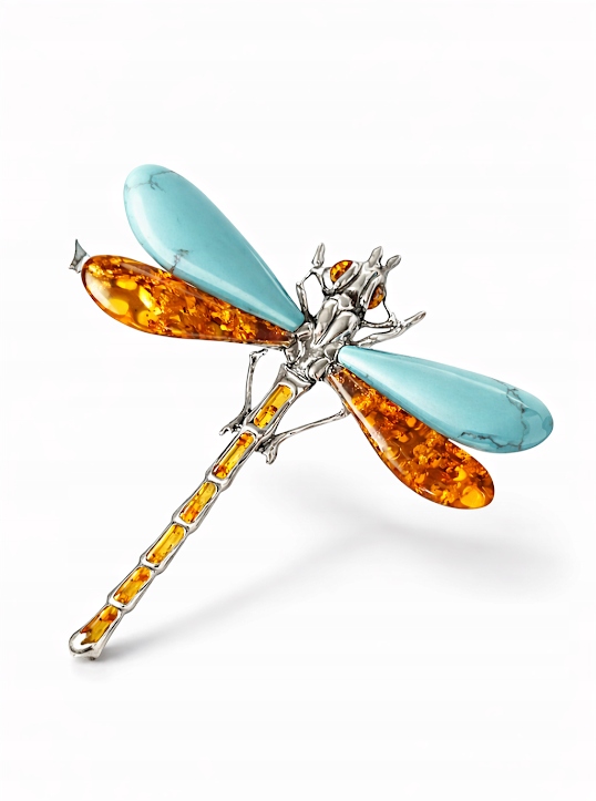 Pastelová Vážka Brož S Jantarem A Tyrkysem