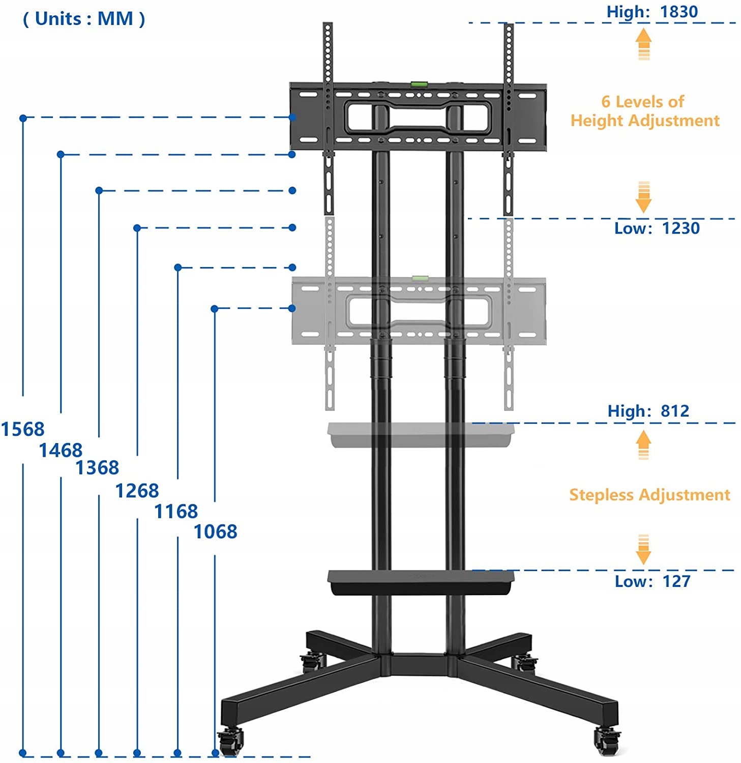 STOJAK DO TELEWIZORA Z PÓŁKĄ 32-70 CALI 50KG KÓŁKA Kod producenta rfi