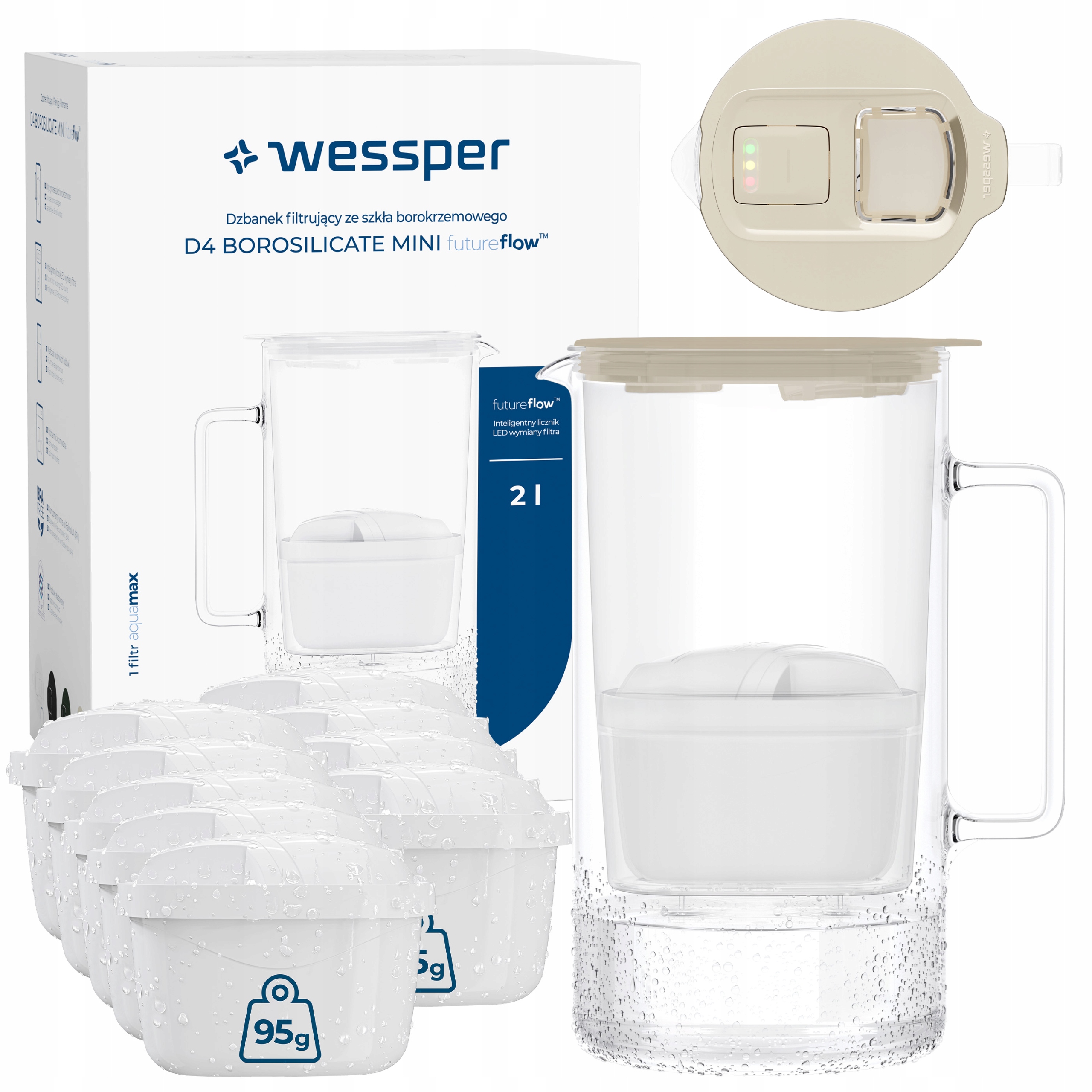 Skleněná filtrační konvice Wessper D4 Borosilicate Mini 2 l 10 x filtr
