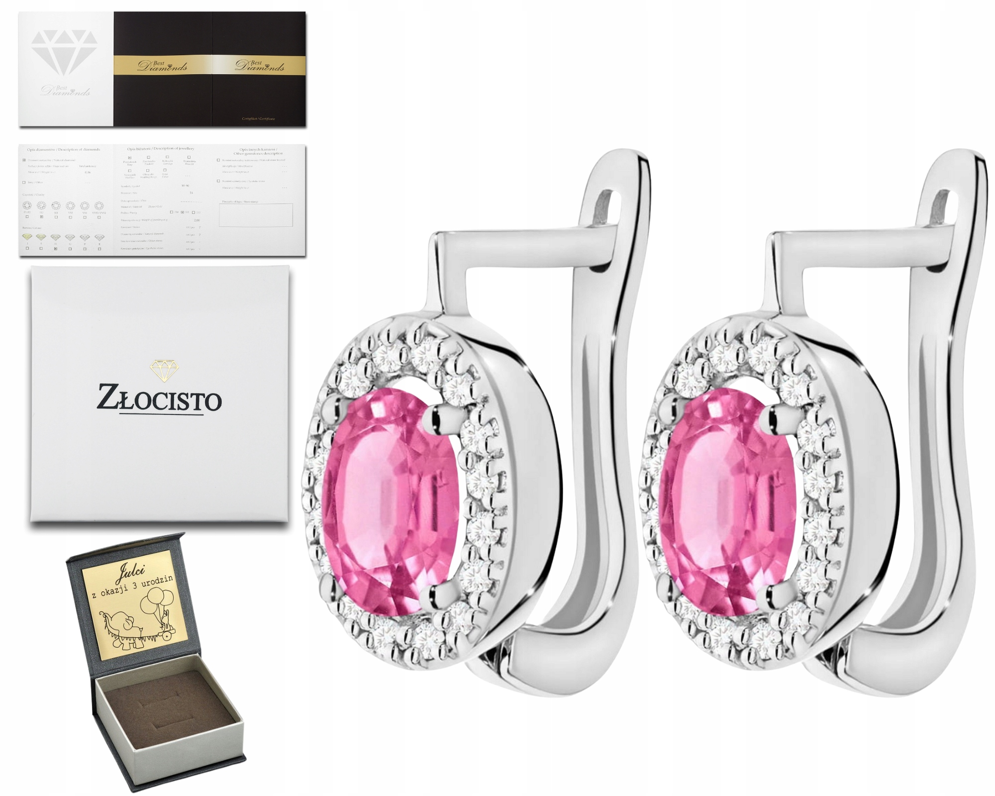 Náušnice z bílého zlata s růžovým topazem a diamanty 585 14K zlatý Dárek