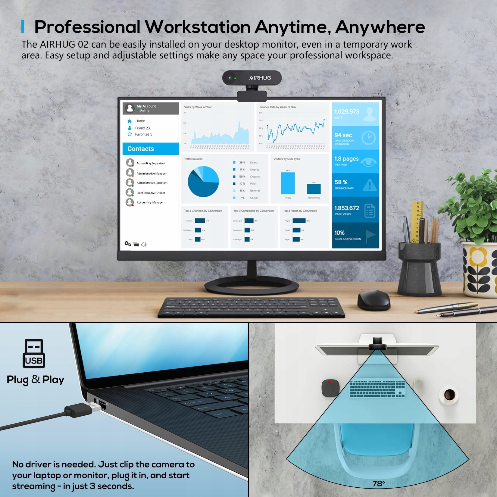AIRHUG Kamera Internetowa 2K QHD FHD 1080p 360° Plug&Play Windows Mac — miniatura 7
