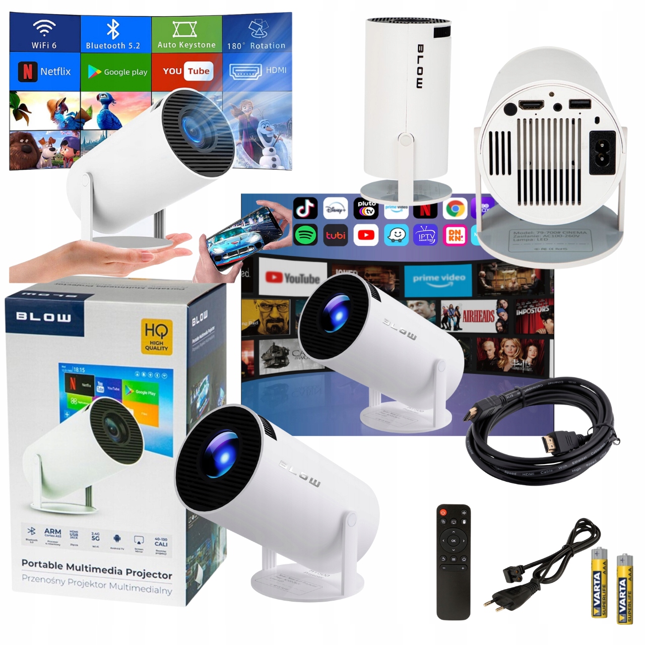 Projektor Przenośny BLOW Menu PL Smart TV FHD Głośnik Kabel HDMI ZESTAW
