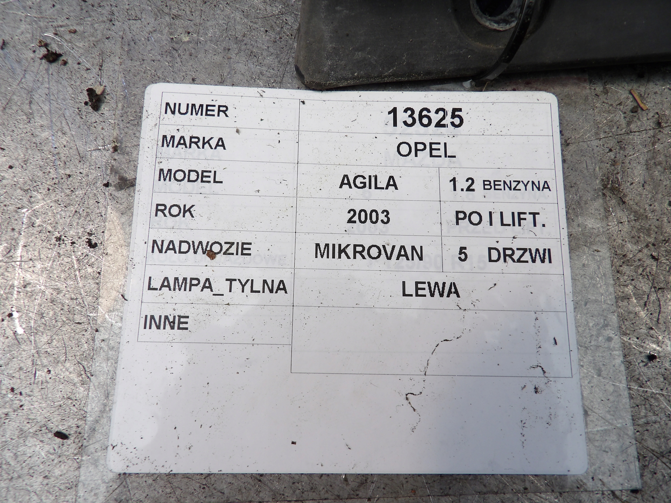 Opel Agila light rear left 09204255