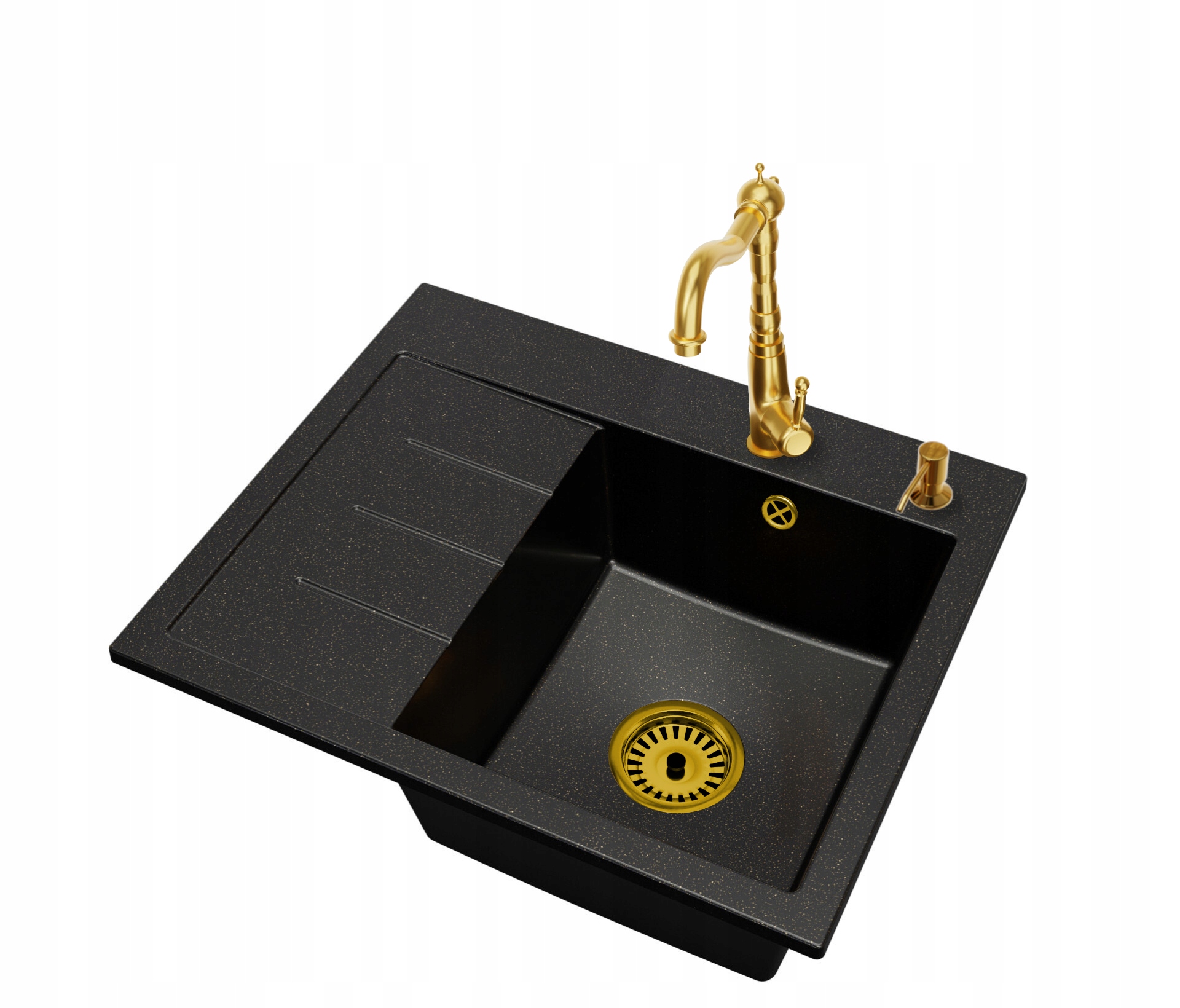 Dřez Exclusive 60 Levý skvrnitý zlatý sifon Zlatá baterie Dávkovač