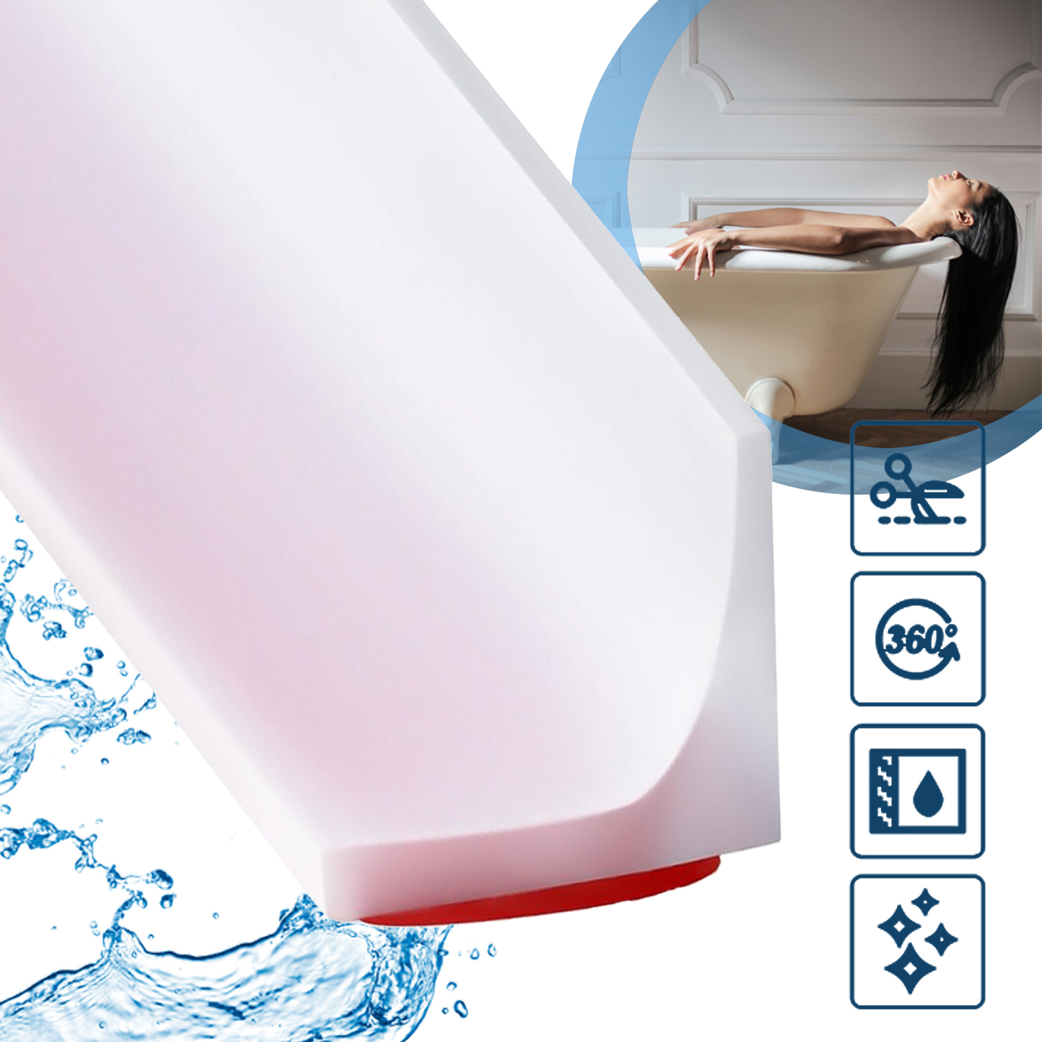 2m Samoprzylepna listwa zatrzymująca wodę do wanny, listwa wykończeniowa