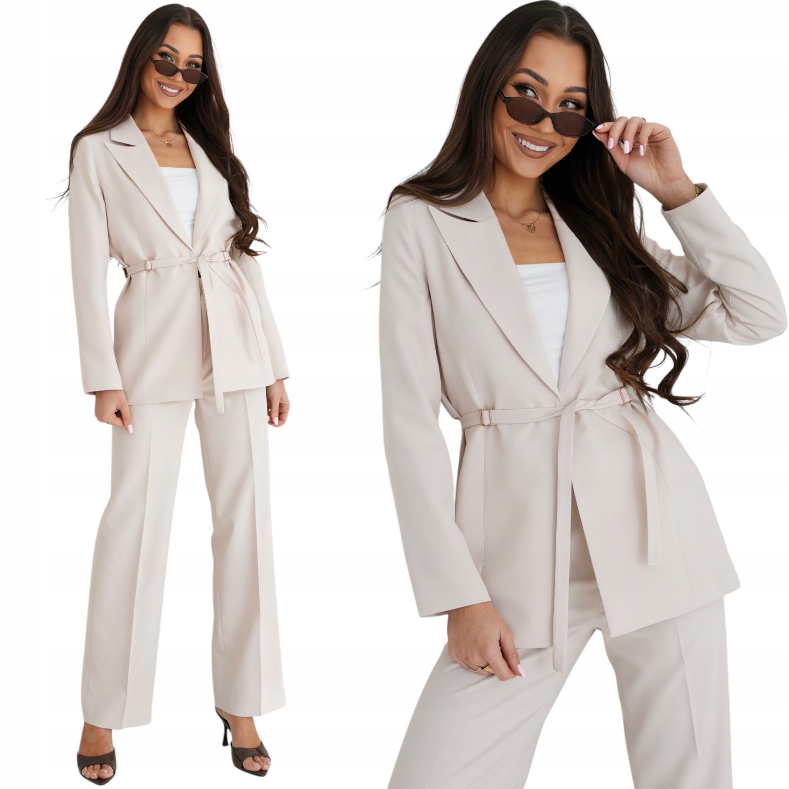 komplet damski garnitur Marynarka Spodnie Polska produkcja Beż S