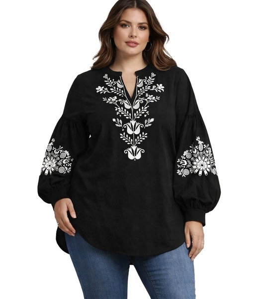Košilová halenka Plus Size bavlna folk s květinovou výšivkou XXL