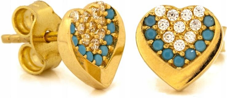 Zlaté náušnice 585 srdíčka s bílými a modrými zirkony na tyčince