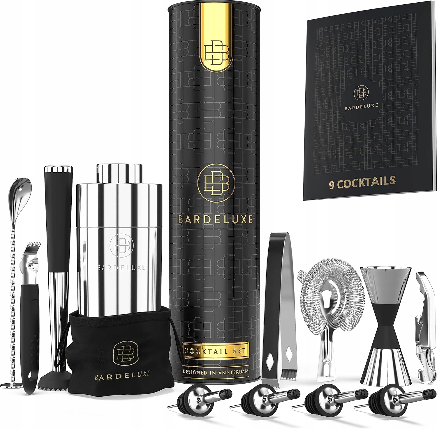 Barmanský set na nápoje shaker tĺčik nalievacie odmerky sitko strieborný