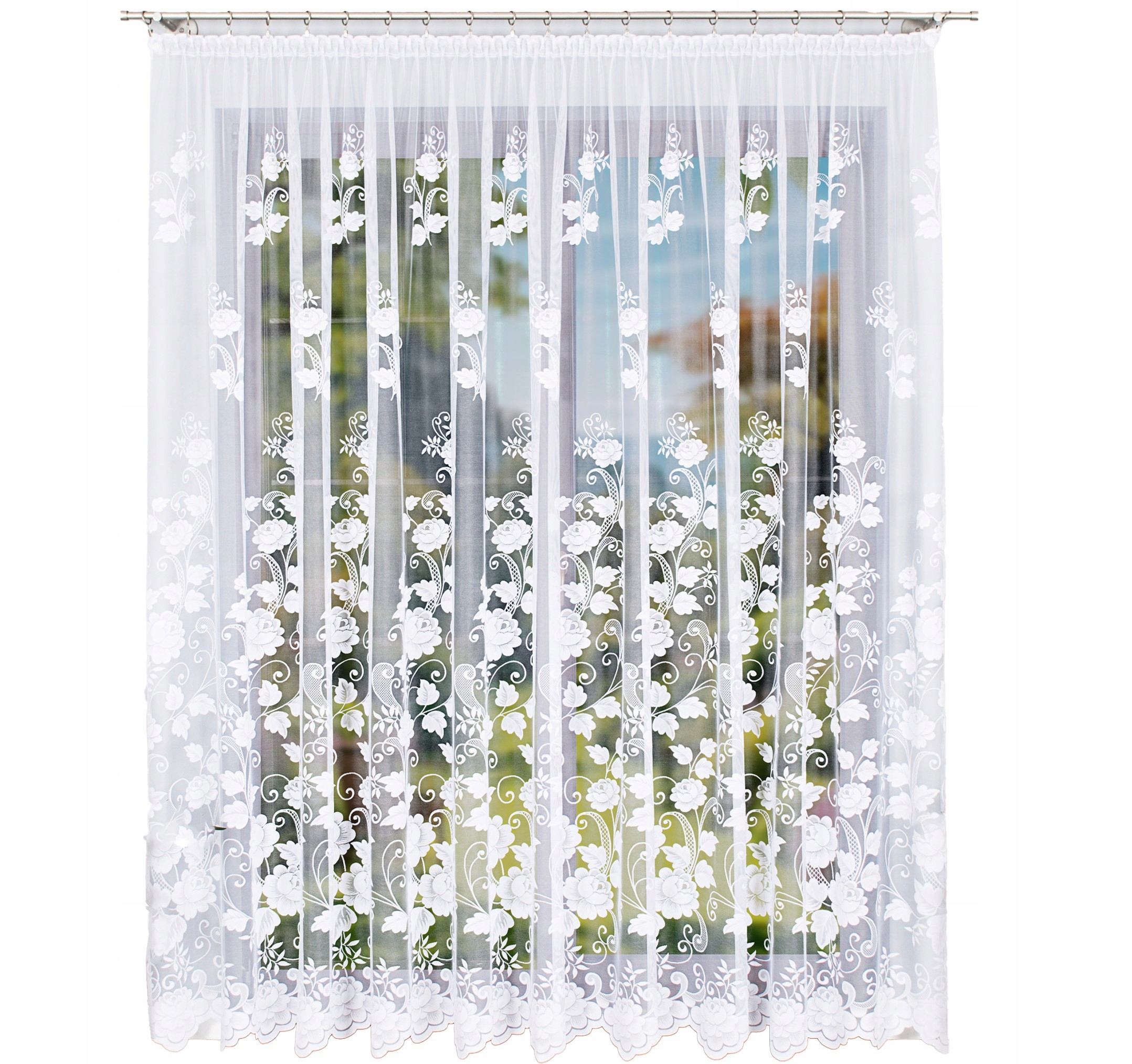 Firana żakardowa wzór 023006, 300x230cm prosta w kwiaty (z obszyciem)