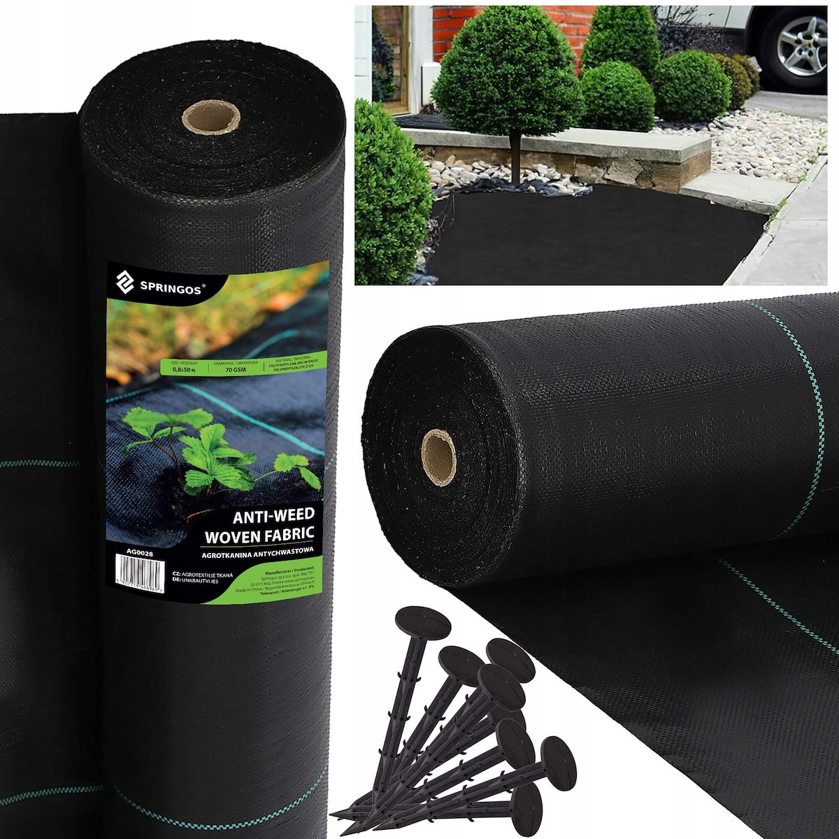 AGROTKANINA 70G 0,8x50m CZARNA AGROWŁÓKNINA UV GRUBA ANTYCHWASTOWA + KOŁKI Producent Springos