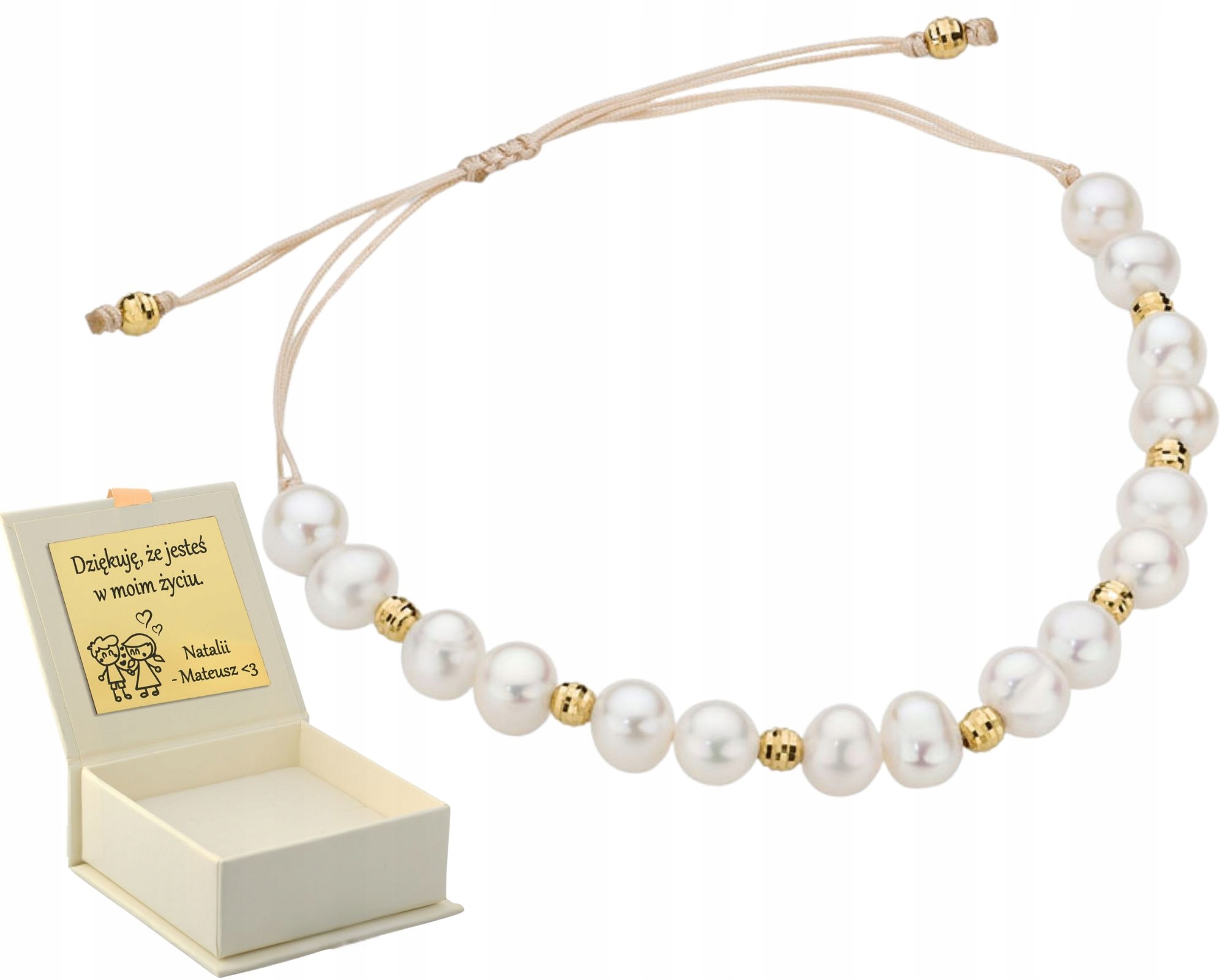 Bransoletka Na Beżowym Sznurku Z Perłami I Złotymi Kulkami W Próbie 585