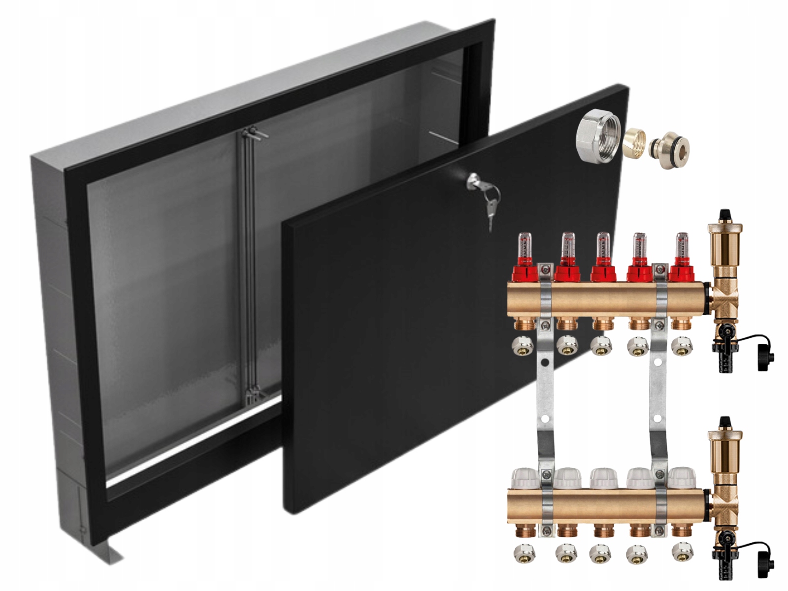 Mosazný Rozdělovač 5 Sekcí Pex Spojky Podomítková Skříňka Černá