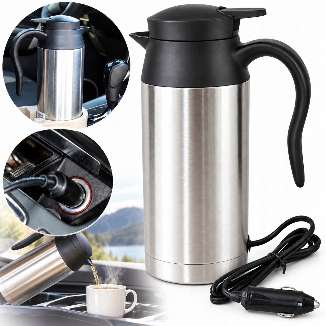 Automobilová konvice 12V 750 ml z nerezové oceli do zapalovače