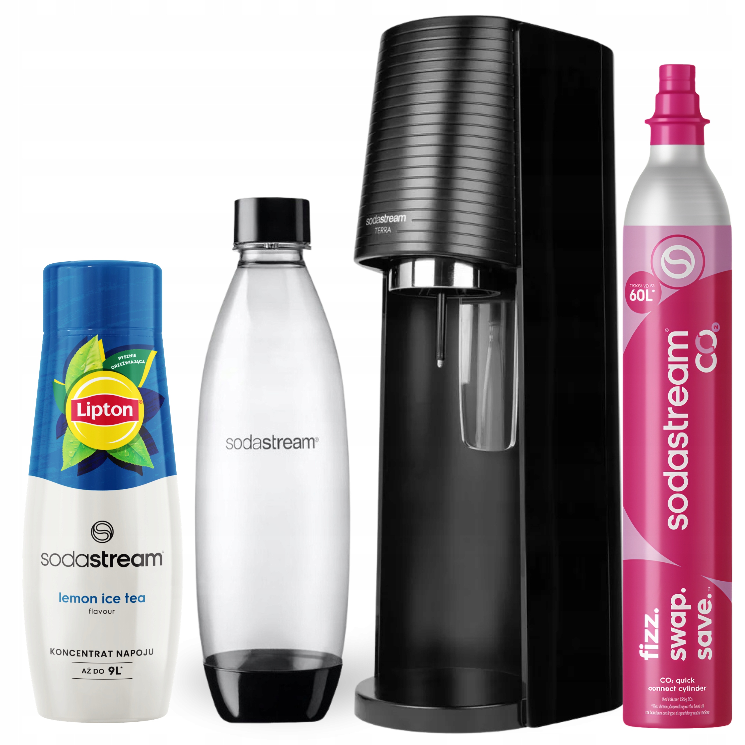 Saturátor SodaStream Terra čierny fľaša 1L sirup Lipton Ice Tea Lemon