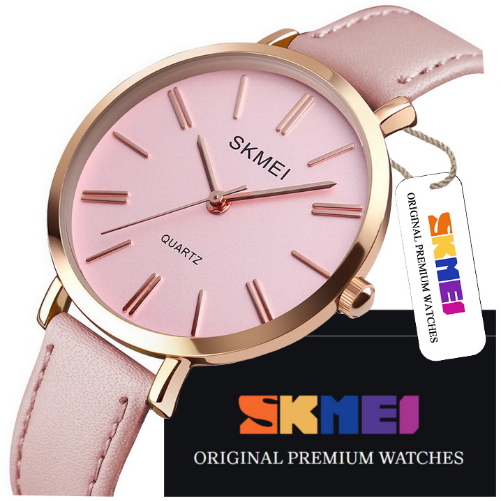 Elegantní Dámské Hodinky Skmei S Koženým Řemínkem, Analogové, Růžové Zlato