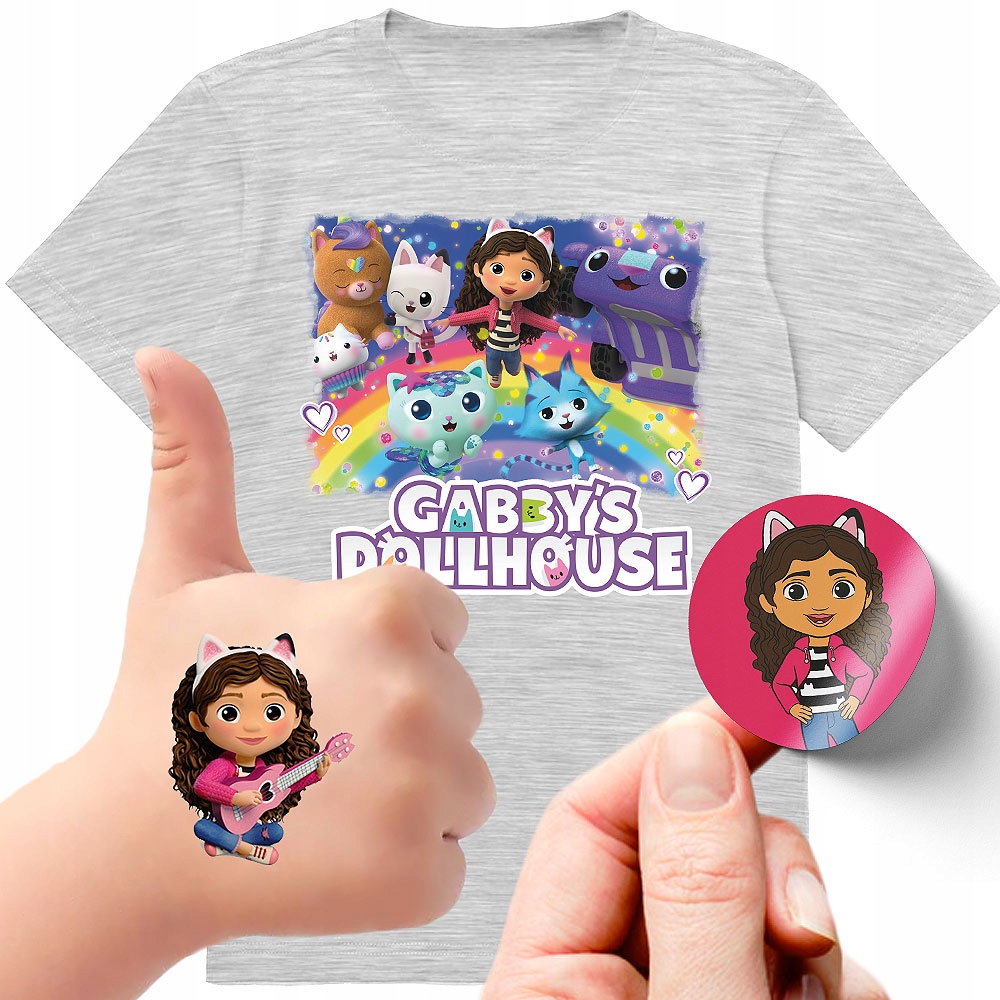 ZESTAW 3W1 KOSZULKA DLA DZIECI TATUAŻE NAKLEJKI KOCI DOMEK GABI 116 JAKOŚĆ