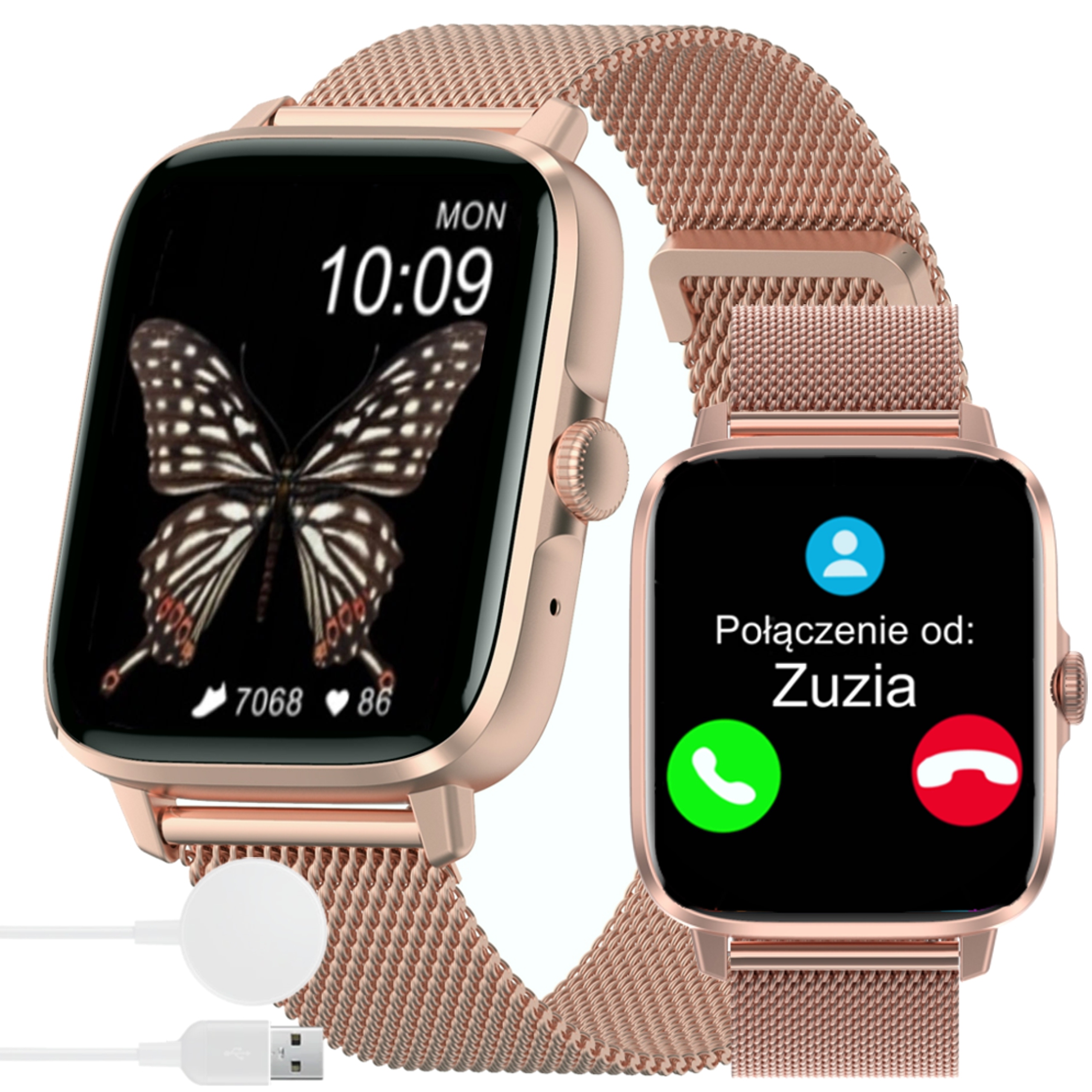 SMARTWATCH ZEGAREK DAMSKI ZŁOTY PROSTOKĄTNY ROZMOWY SPORT NFC 1,9 LCD PL