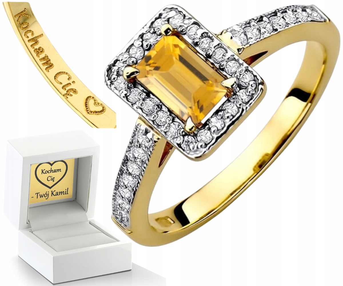 Zlatý Prstýnek Přírodní Kámen Citron A Diamanty 585