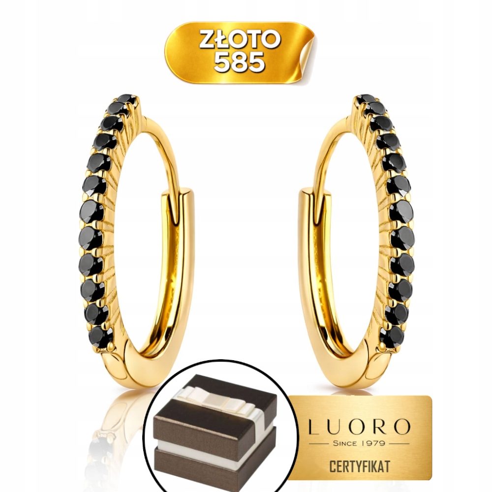 Náušnice Zlaté 585 14K Kroužky Černé Kameny Kreole 13 MM Elegantní