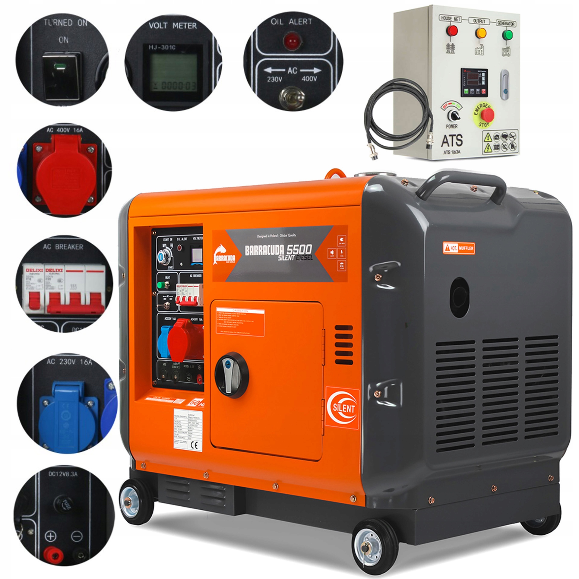 Agregat prądotwórczy 7kVA 5,5kW 230V 400V Barracuda Diesel 5500 Silent +ats