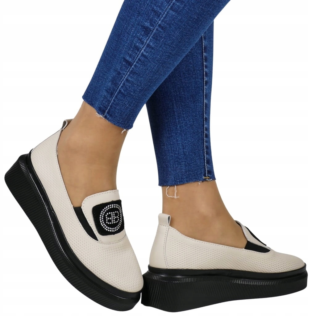 DAMSKIE SKÓRZANE PÓŁBUTY NA KOTURNIE PLATFORMIE BEŻOWE Rozmiar 40