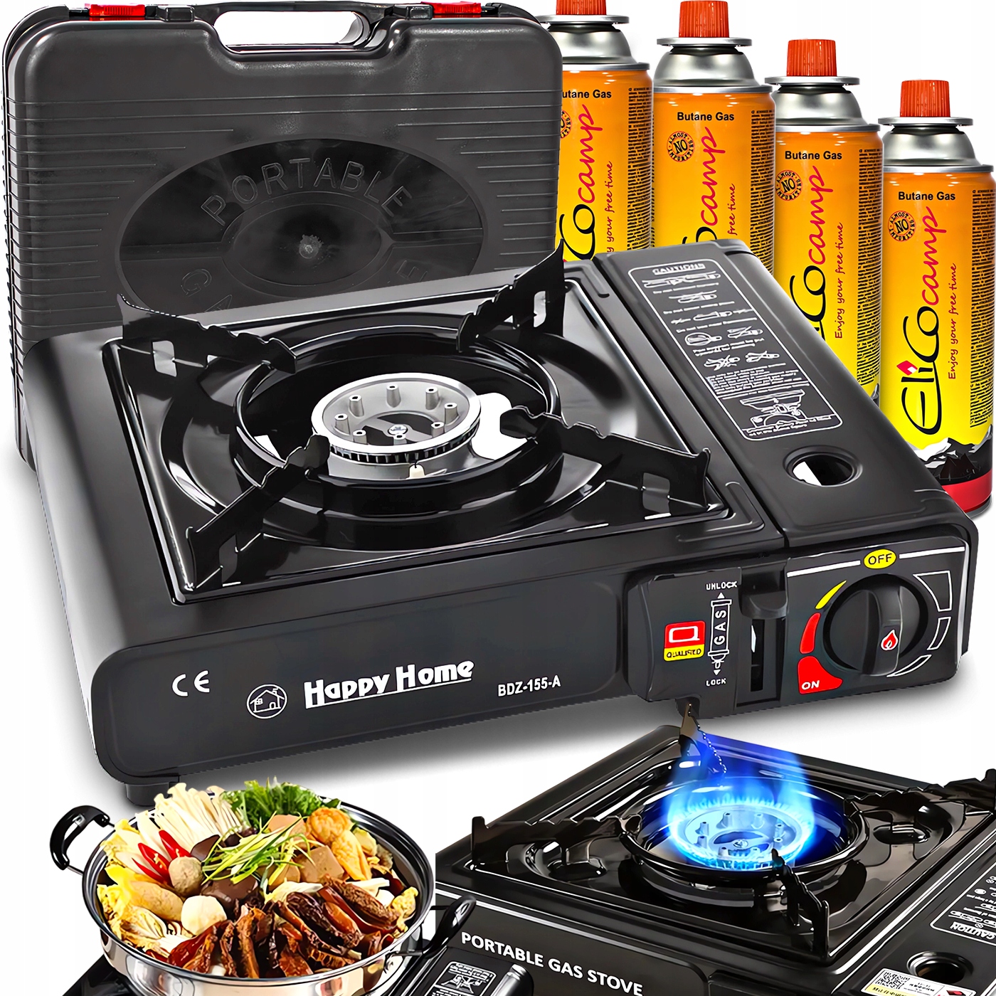 Turistický plynový vařič 2v1 s redukčním ventilem a kufříkem, 4x plynová kartuše