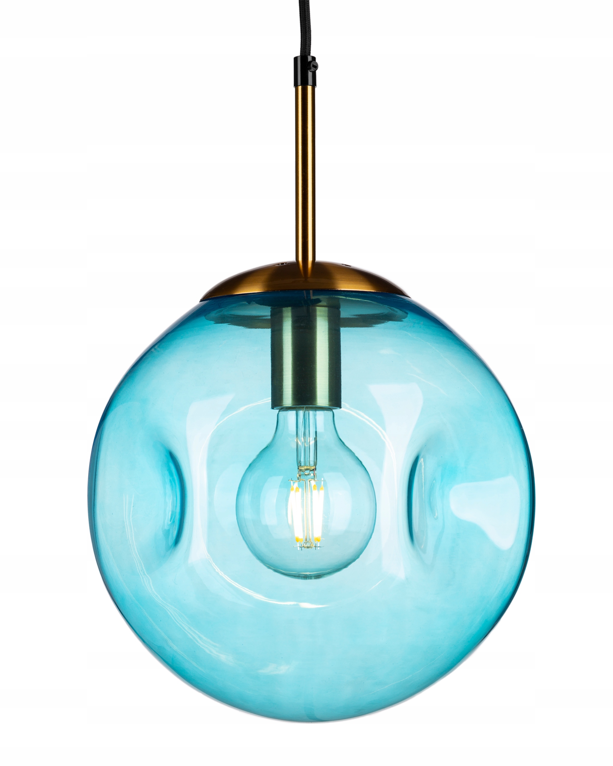 Lampa wisząca złota nowoczesna, szklany klosz niebieski, kula Lava Blue
