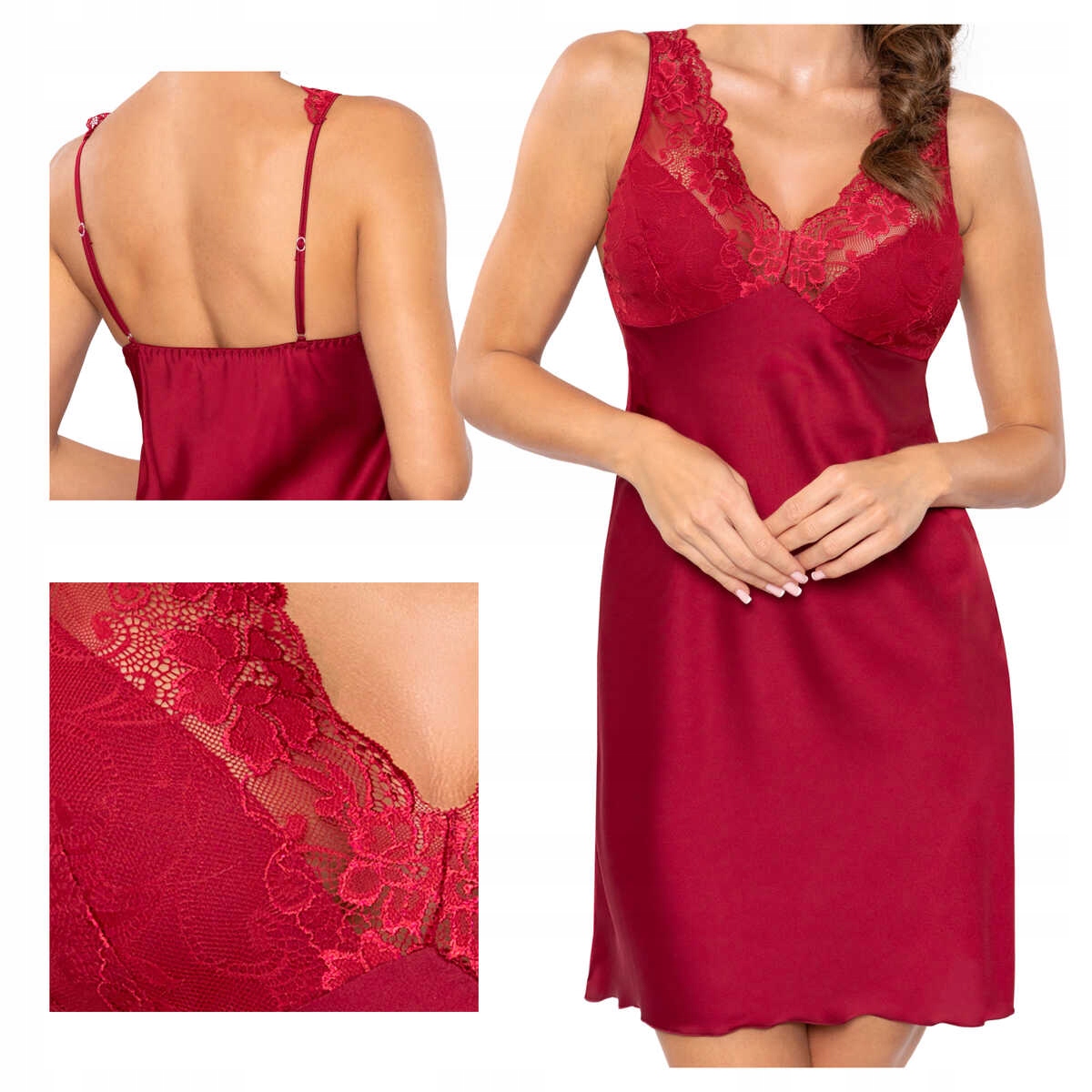 Donna Košile noční elegantní saténová s krajkou Mari bordó L
