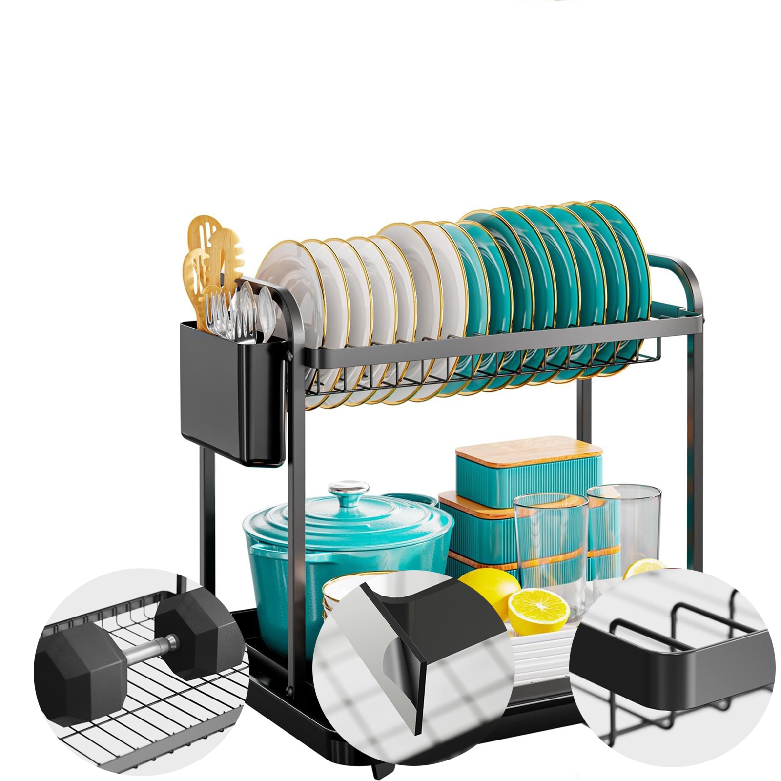 Levně Stojanový Sušič Nádobí Dvojúrovňový Velký Černý Odkazovač Velké Kovové Talíře