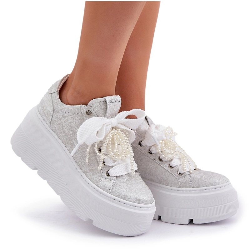 Tenisky Na Platformě Přírodní Kůže Korálky Chebello 4658 Stříbrné 36