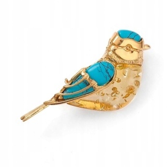 Zlatá Brož Sýkorka S Jantarem A Tyrkysem, Stříbro Pozlacené