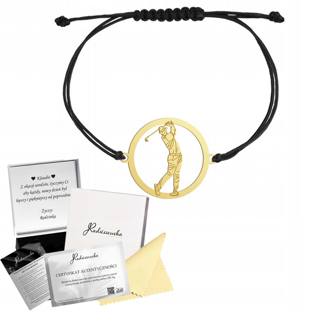 Zlatý náramek s golfistou Šňůra 925 Dárek Šperky Gravírování Dedikace