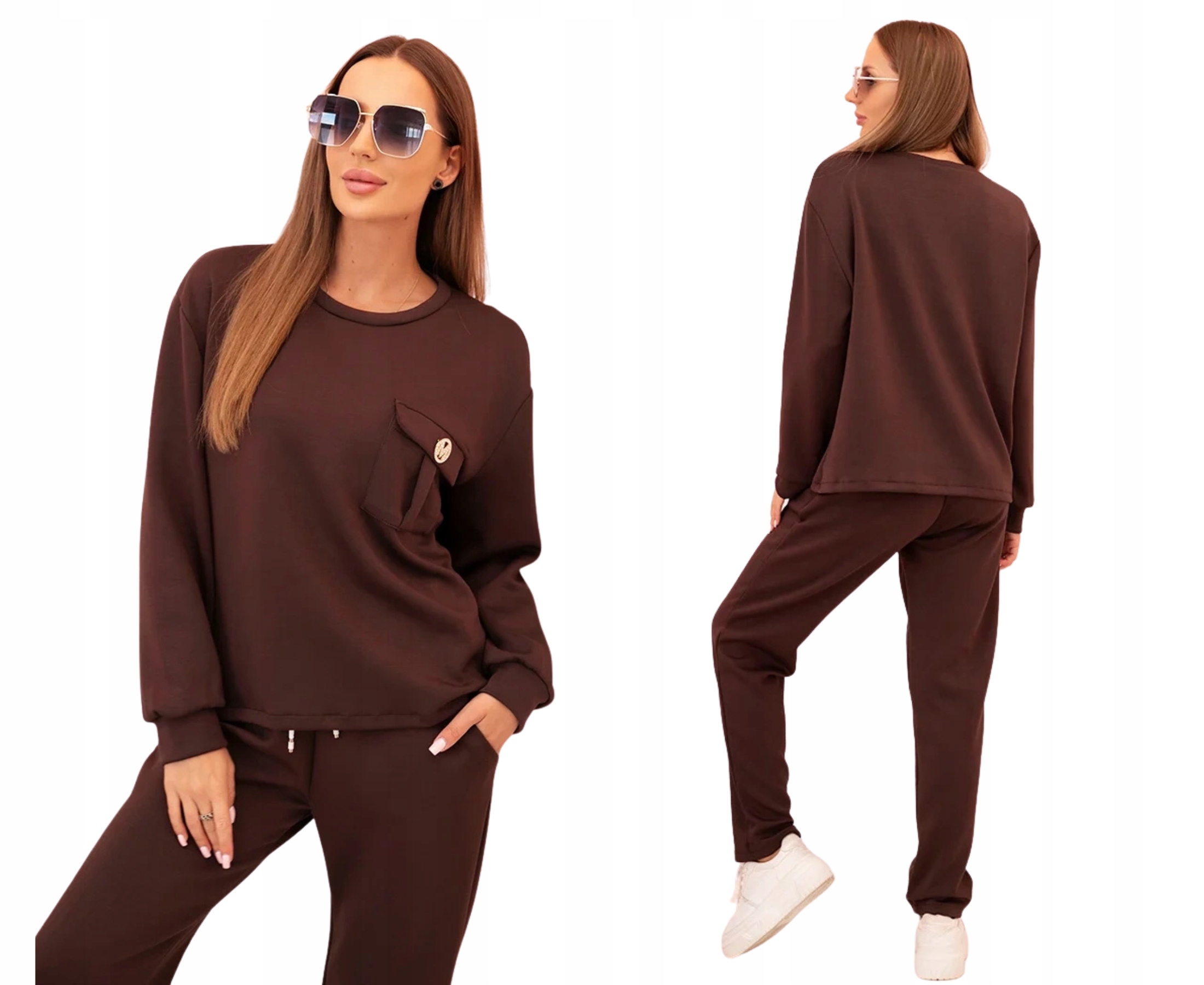 Hnědý tepláková souprava s ozdobnou kapsou a jednoduchými kalhotami