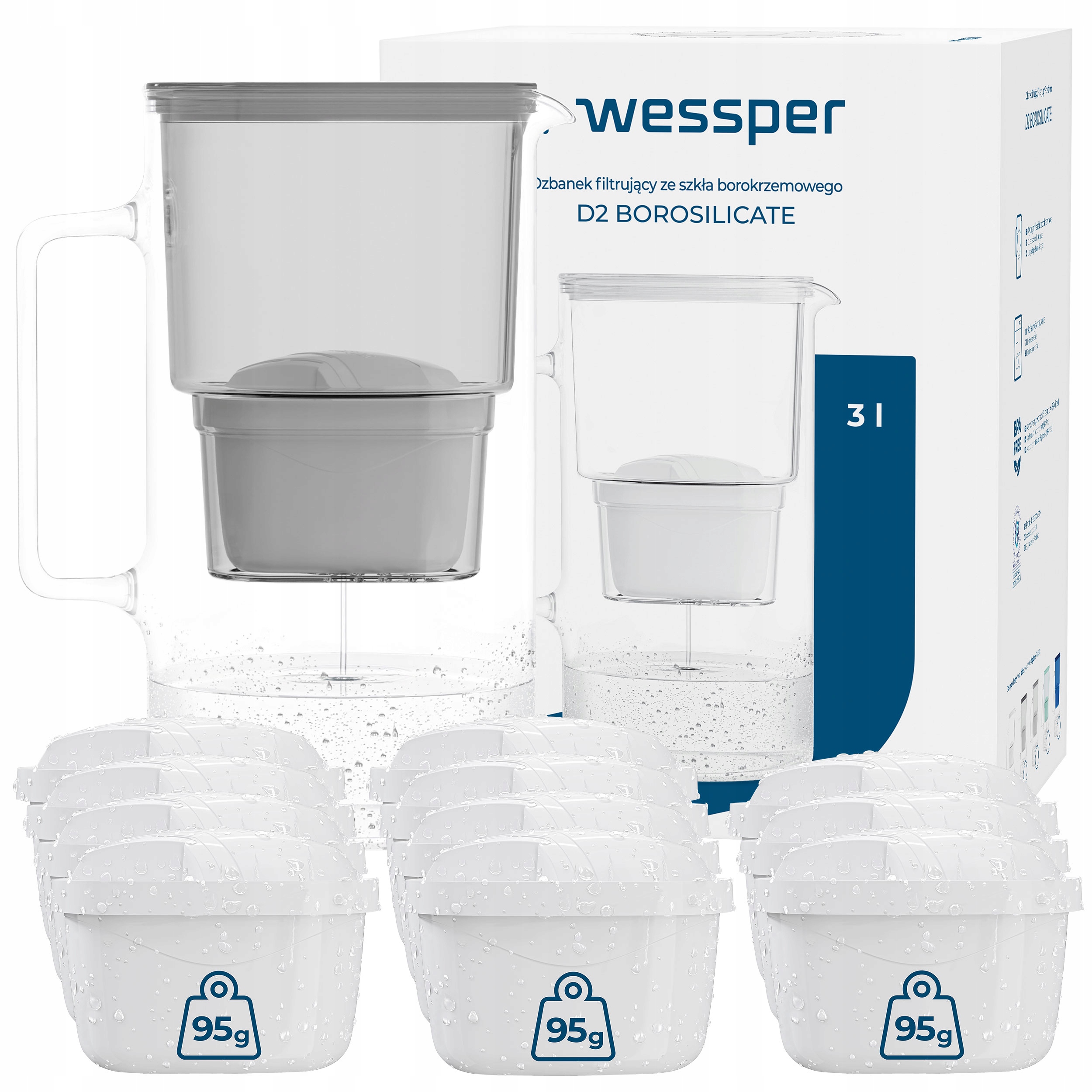 Skleněná Konvice Wessper D2 Borosilicate 3 l 12 x Filtrační Vložka Na Vodu Wessper