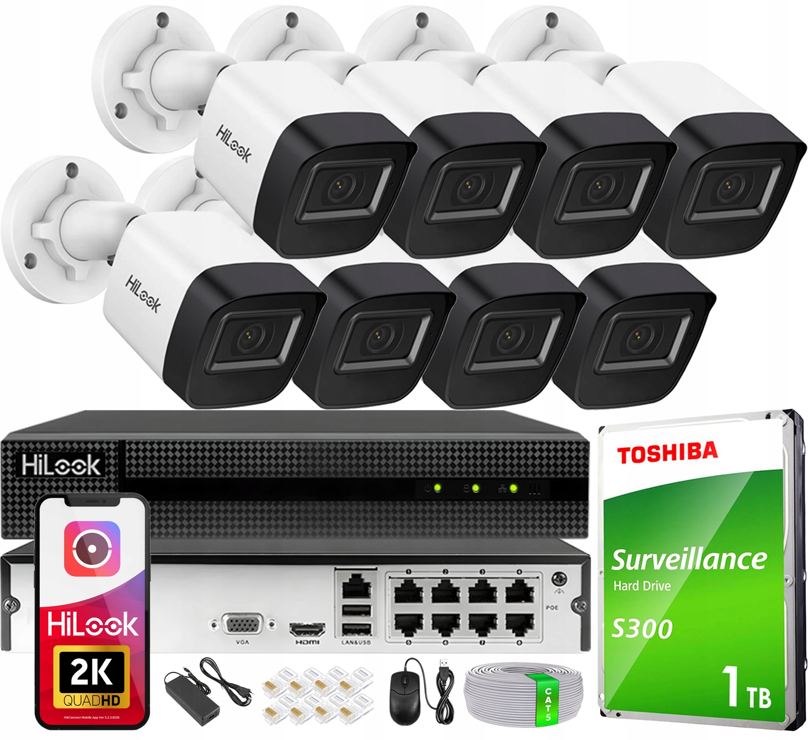 Ip monitorování Komplet 8 kamer 2K Rekordér Disk 1TB Detekce Aplikace