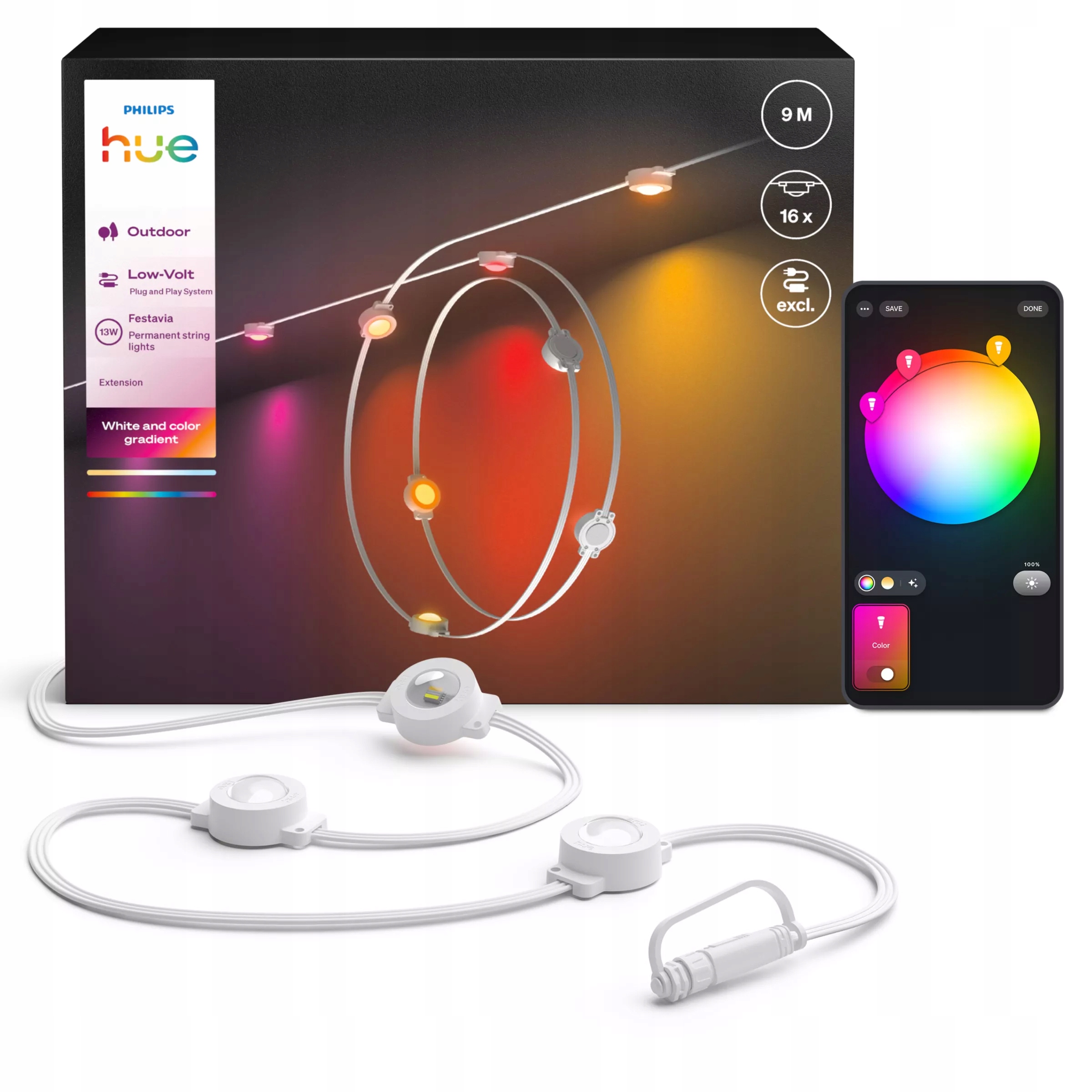 Vonkajšia záhradná girlanda 9 m Philips Hue Festavia IP65 Rgb Rozšírenie