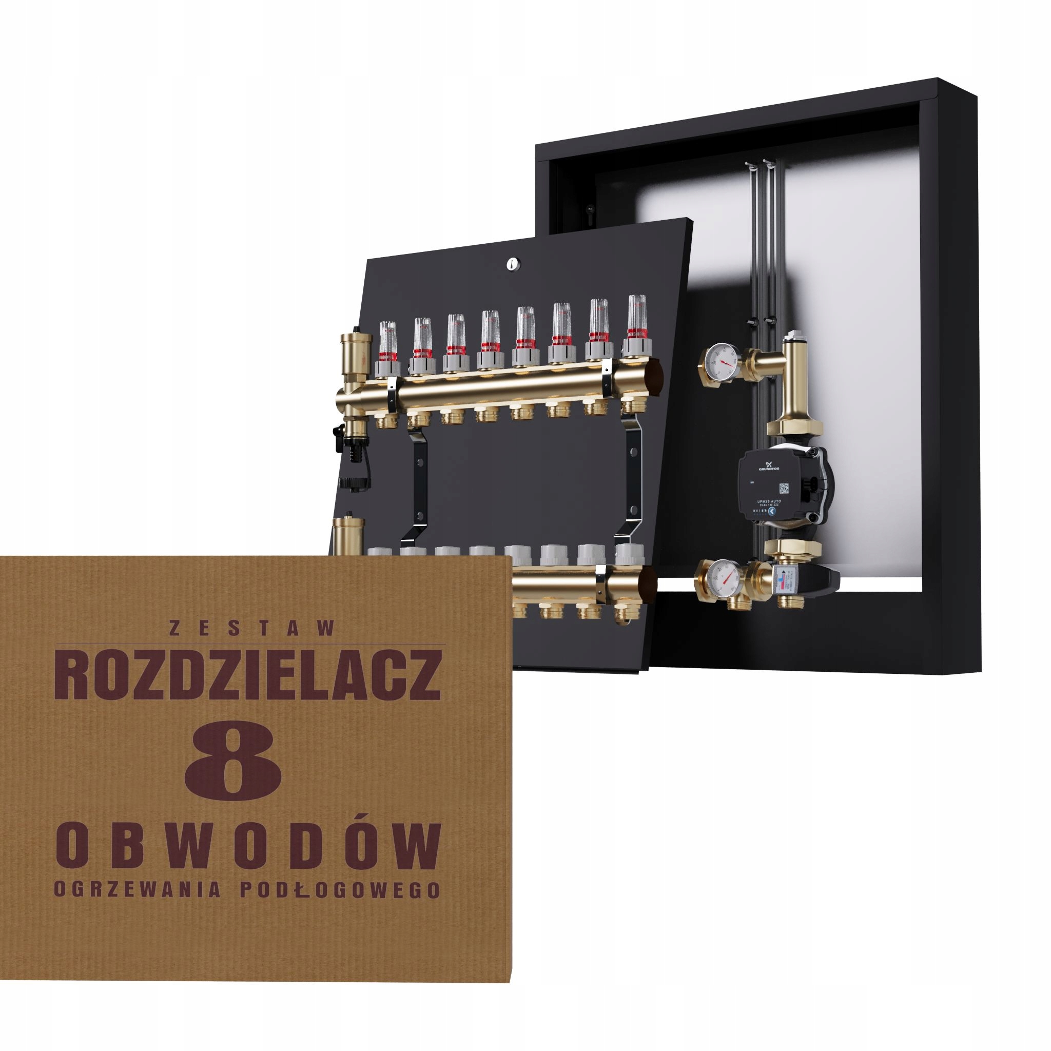 Rozdělovač pro podlahu 8 okruhů a čerpadlo Grundfos nástěnný černý