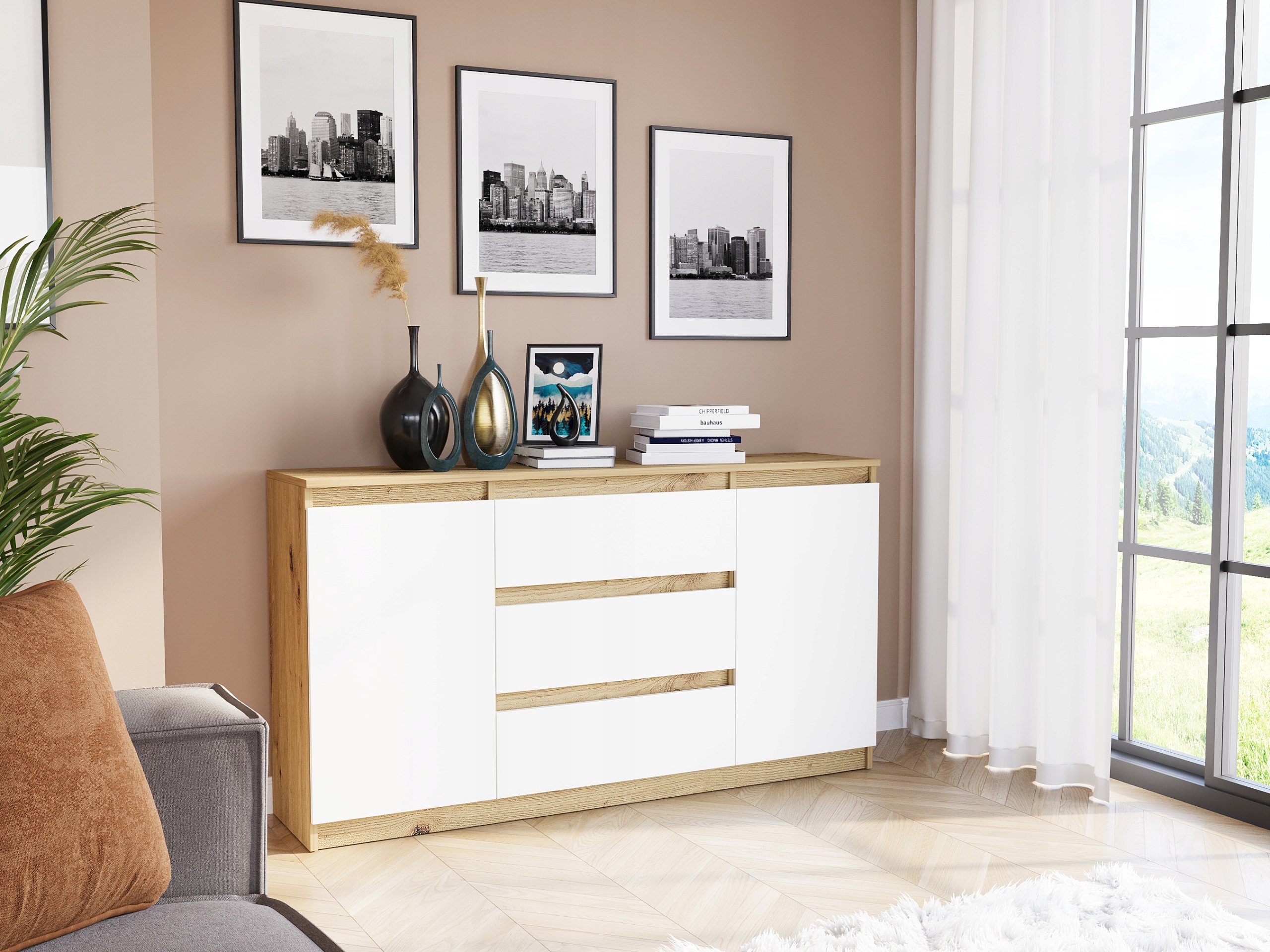 KOMODA 140 SZAFKA 3 SZUFLADY 2 PÓŁKI R-140-S3 ARTISAN MIX