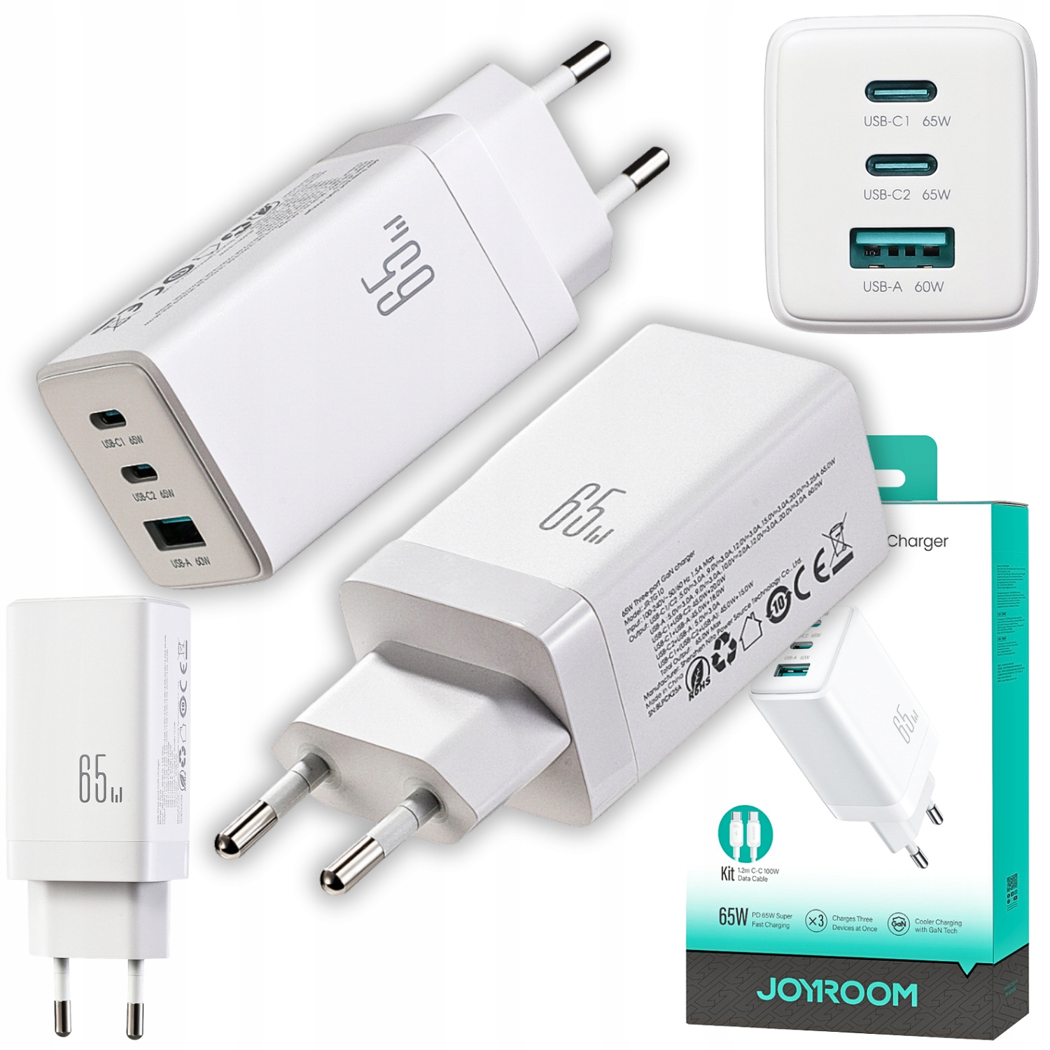 Ładowarka sieciowa Joyroom Jr- TG10 65W GaN 2x Usb- C Usb- A z kablem 65W