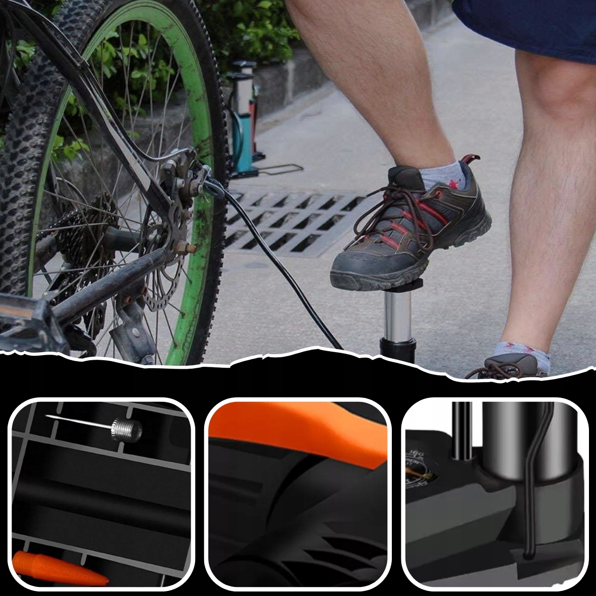 Pompka Nożna Rowerowa samochodowa Podłogowa Stacjonarna Manometr 10 BAR Długość (cm) 9.1