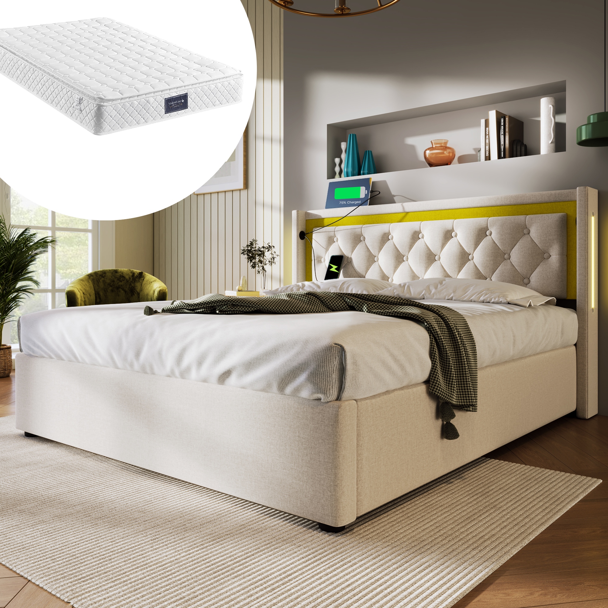 Led čalouněná postel s prostorem pro dvojlůžko Usb 160 x 200 cm v Matrace