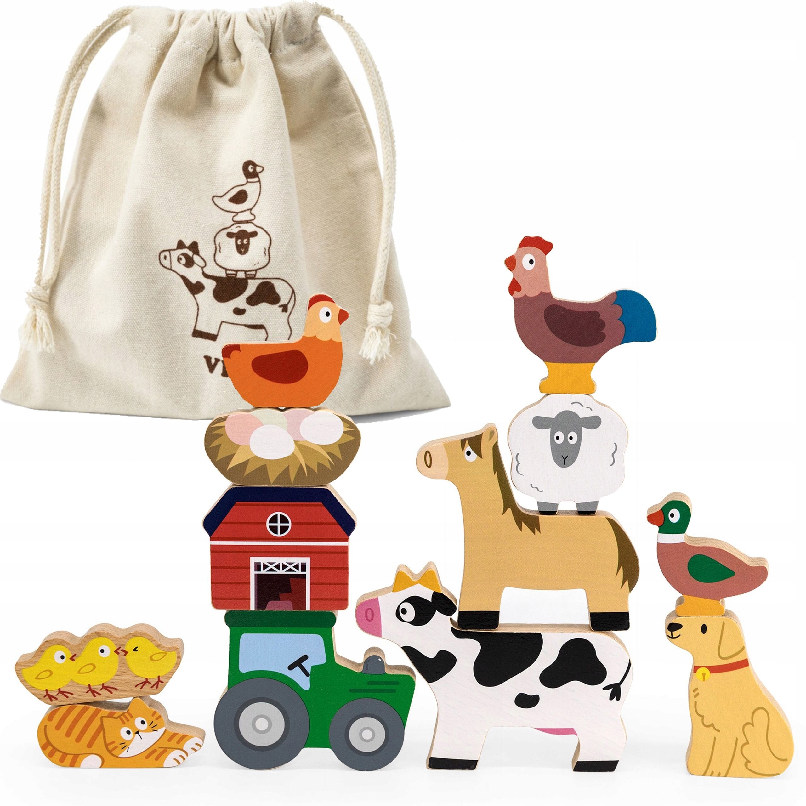 VIGA DREWNIANE KLOCKI UKŁADANKA W STOSY FARMA ZWIERZĄTKA FIGURKI MONTESSORI