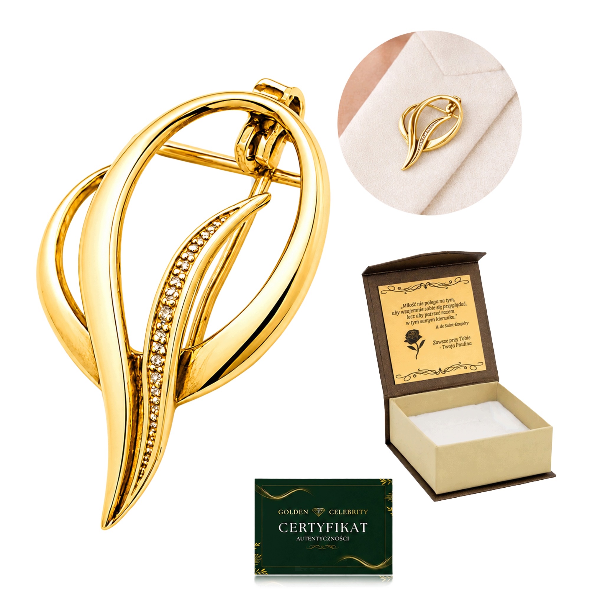 Brož List Stříbro 925 Pozlacená 24K Zlatem Elegantní Šperky Dárek