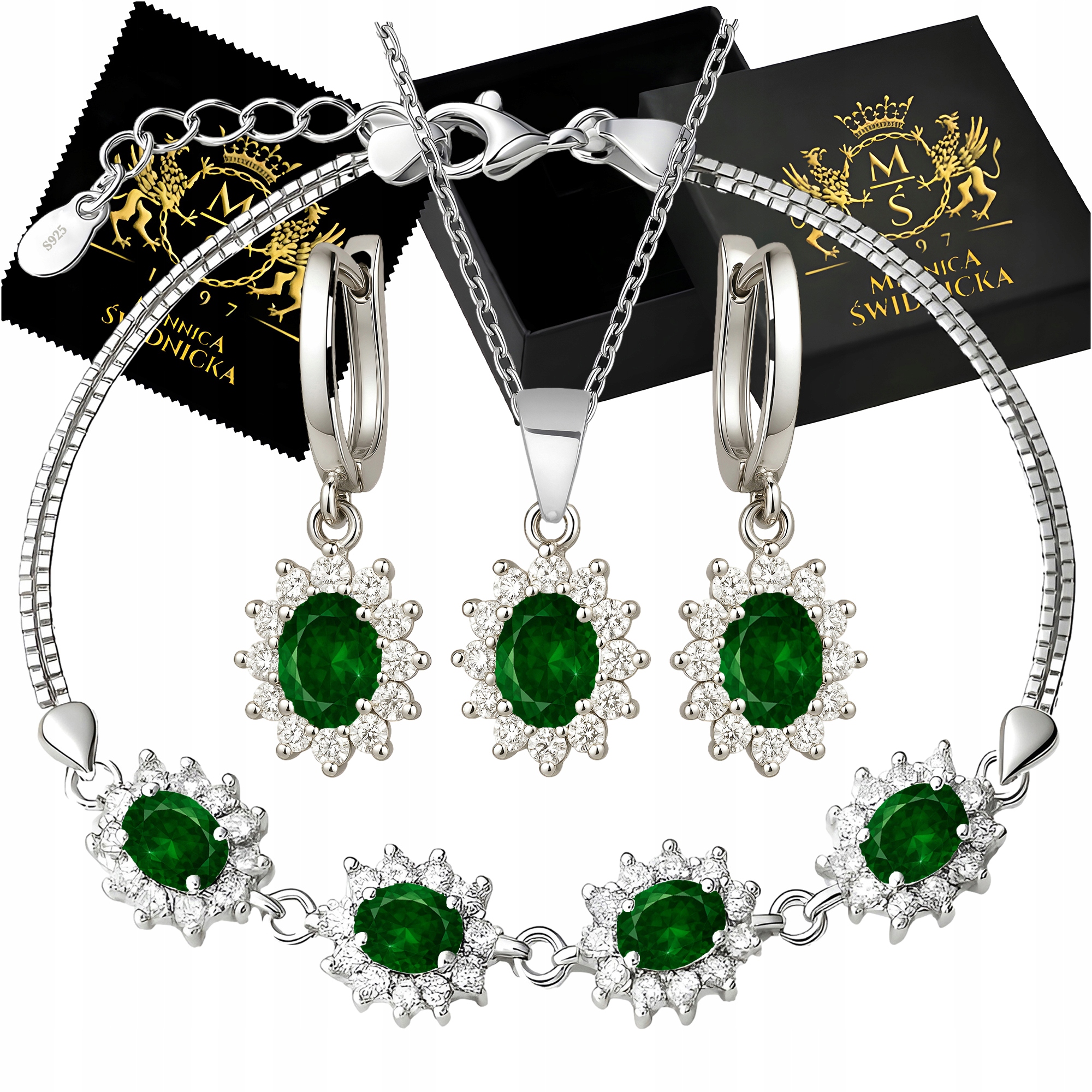 Stříbrná 925 Dámská sada šperků se smaragdovými krystaly Stříbro