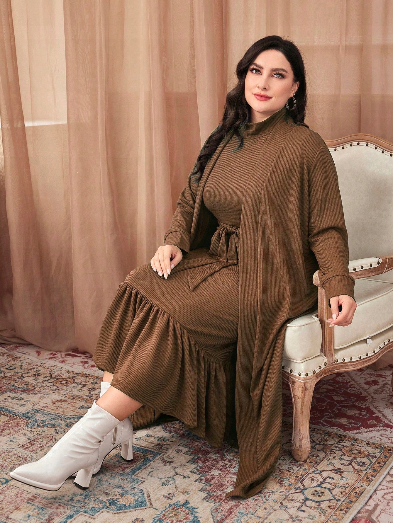 Šaty Maxi Pruhovaná S Páskem Hnědá Kardigan Komplet Shein 5XL 50