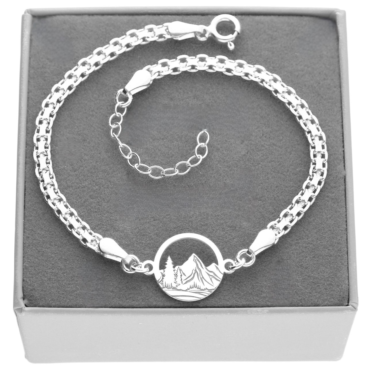 Stříbrný náramek hory gravírování s horami stříbro 925 pro milovníky hor 17 cm