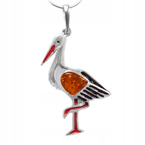 Čáp Ptáček přívěsek s přívěskem baltský jantar jako dárek Stříbro 925