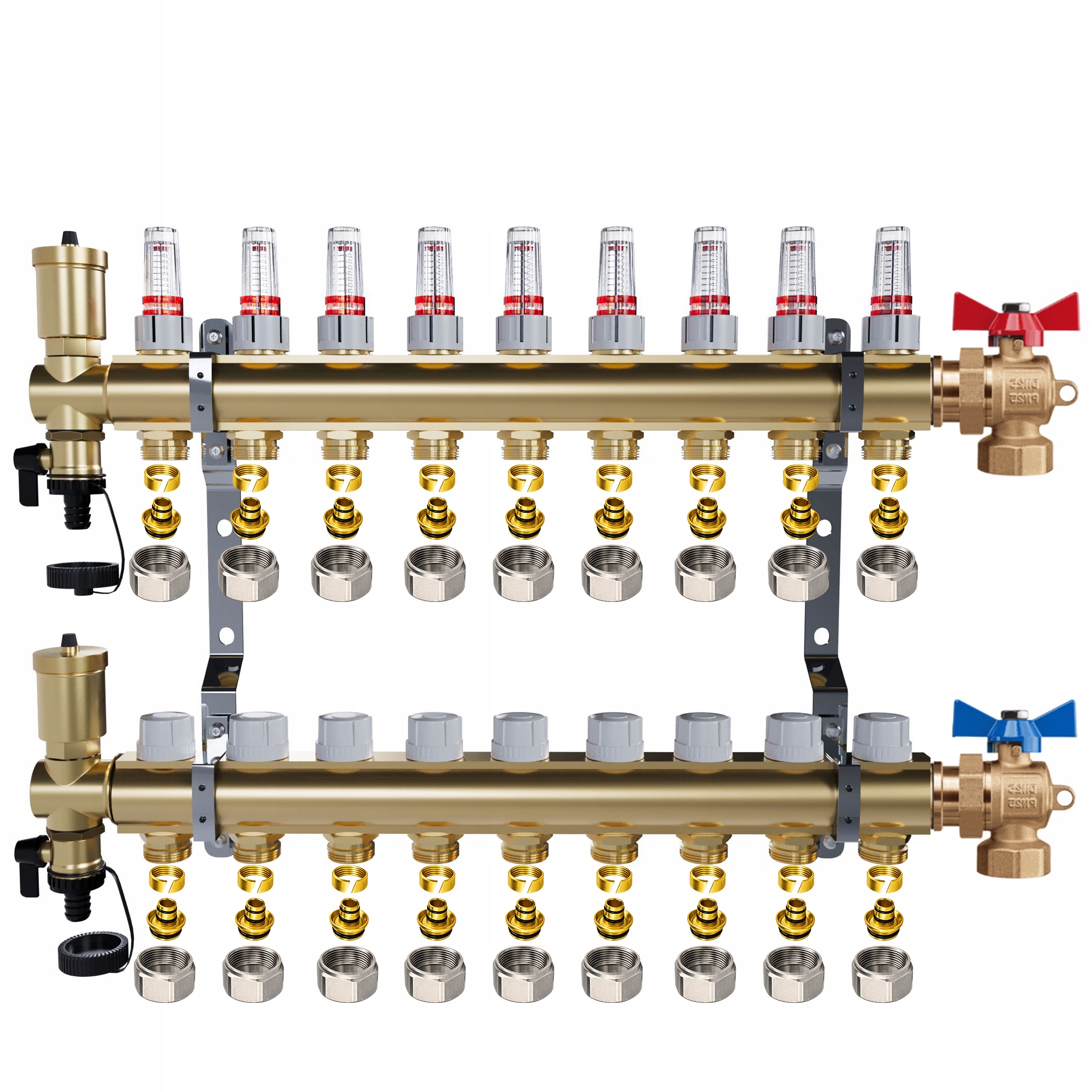 Mosazný rozdělovač 9 okruhů Vytápění Podlahové kulové ventily Pex